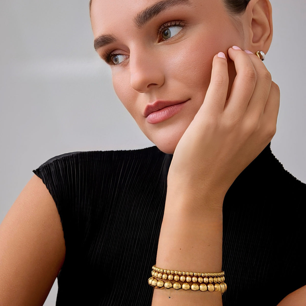 【043】Stainless Steel Beaded Bracelet 3 Packs 4MM 5MM 6MM 18K Gold Plated European American Fashion Ins No Fade Bracelet
