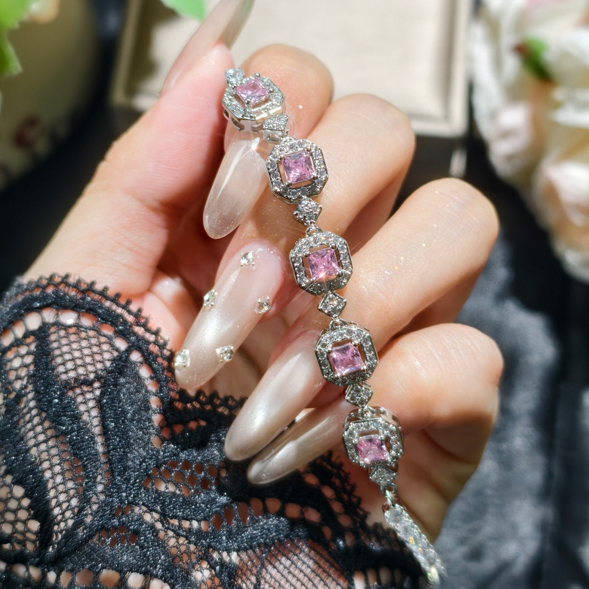 【003】High-end Internet celebrities live broadcast new products hot sale simulation color tourmaline princess square full diamond bracelet femininity fashion jewelry