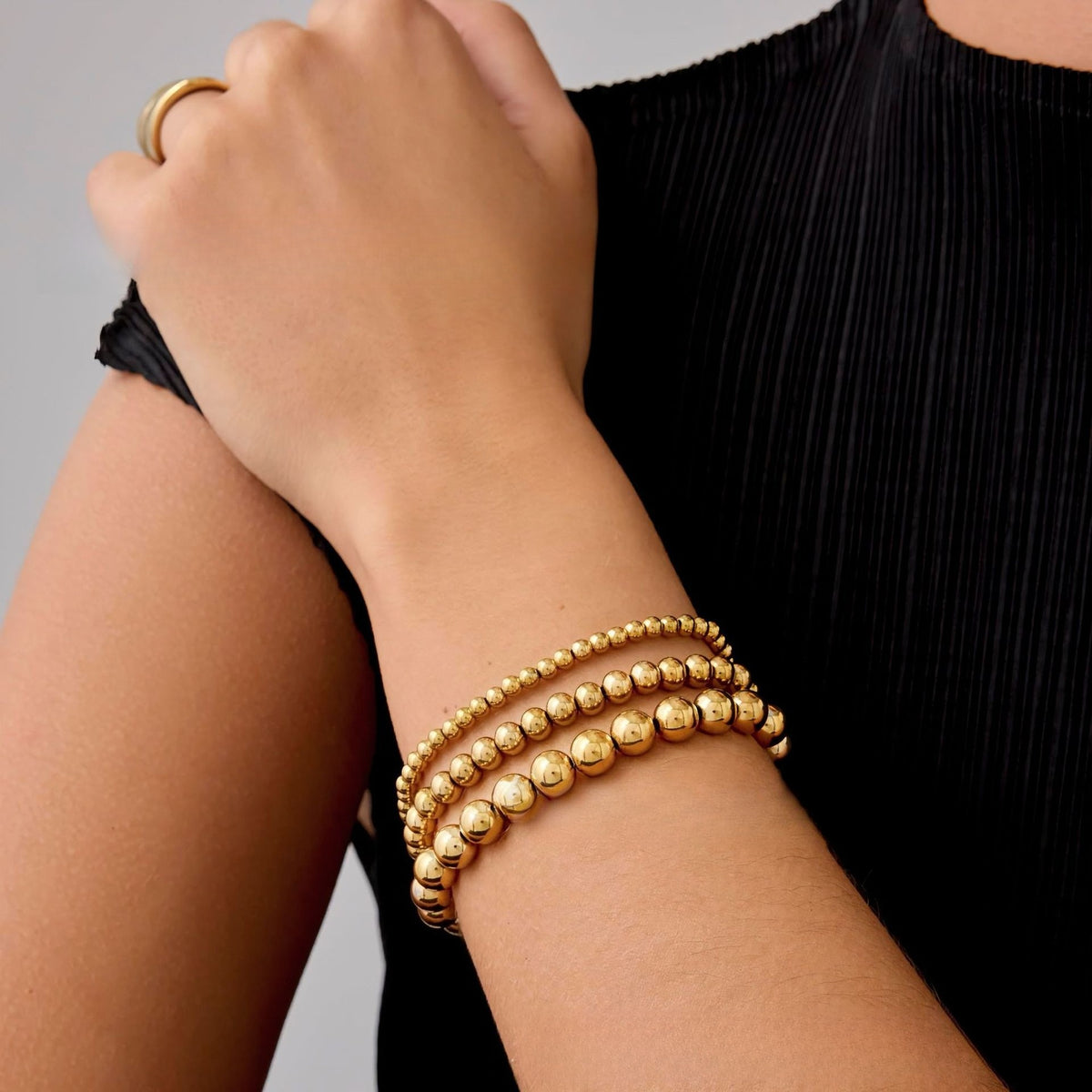 【043】Stainless Steel Beaded Bracelet 3 Packs 4MM 5MM 6MM 18K Gold Plated European American Fashion Ins No Fade Bracelet