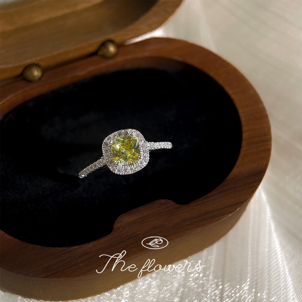 【020】Green Ring Olive Green Fat Square Zircon Ring Real White Gold Plated Geometric Adjustable Opening Premium Jewelry