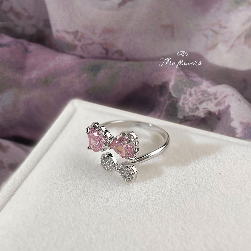 【016】Pink Bow Open Ring Real Gold Plated Micro Inlaid Zircon Niche Double Layer Cute Adjustable Ring for Women