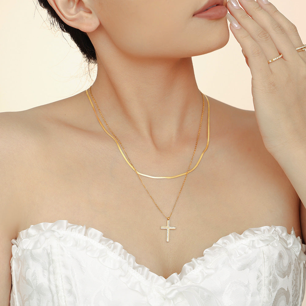 【045】Creative Twill Cross Zircon Pendant Necklace Female Ins Niche Light Luxury Titanium Steel Collarbone Chain
