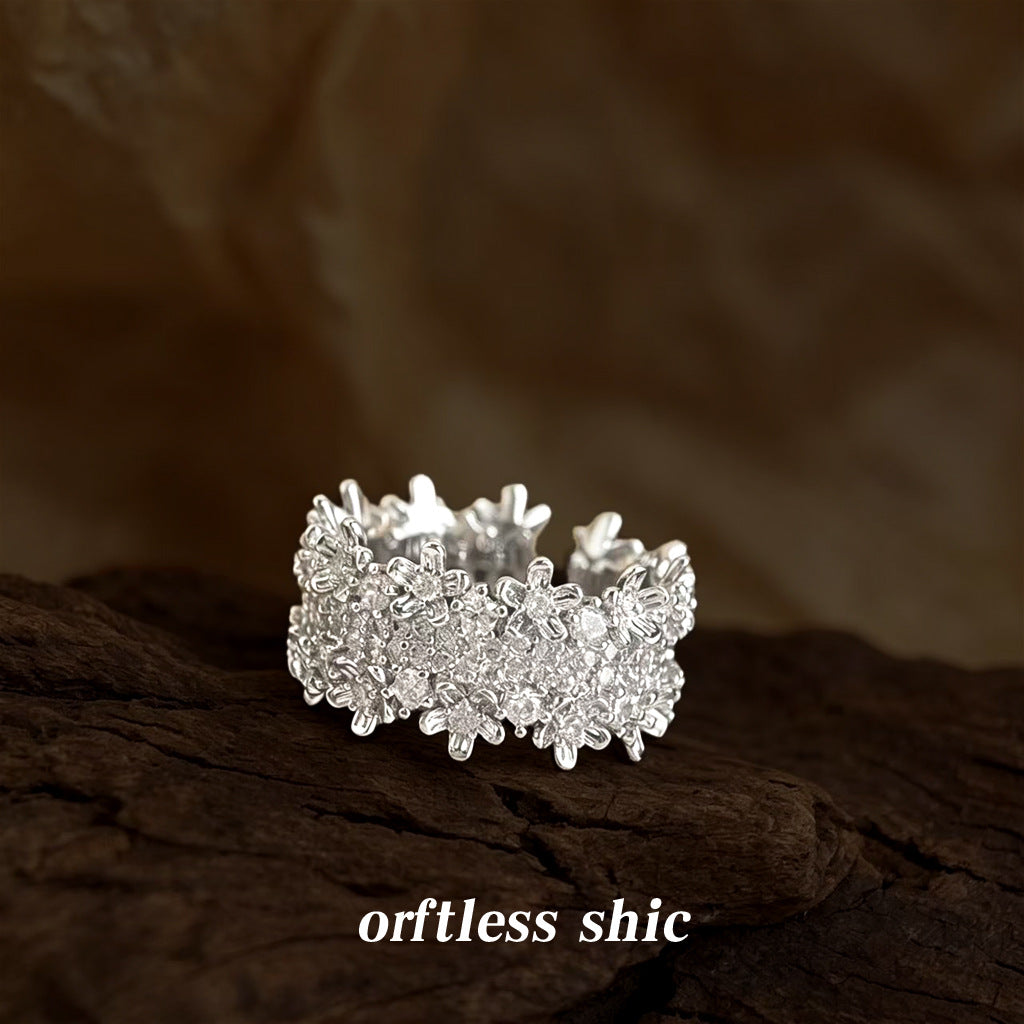 【023】Real White Gold Electroplated Zircon Flower Ring Adjustable Opening High End Fashion Index Finger Ring Color Retention