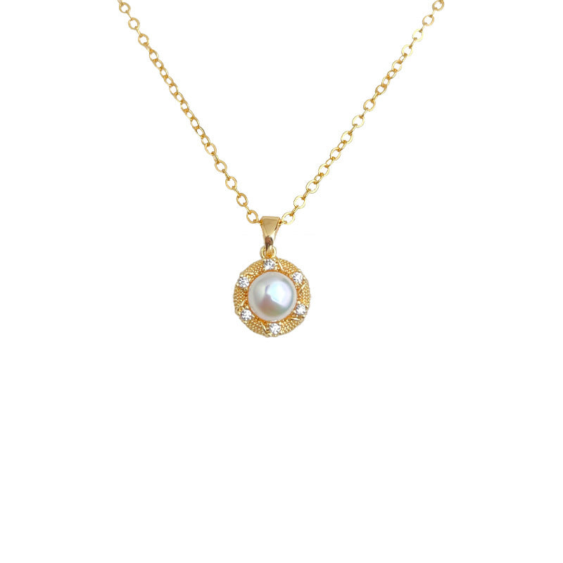 【014】18K Real Gold Plated Freshwater Pearl Necklace for Women Strong Color Retention Slightly Inlaid Zircon Fresh Sweet Small Fragrance Collarbone Chain