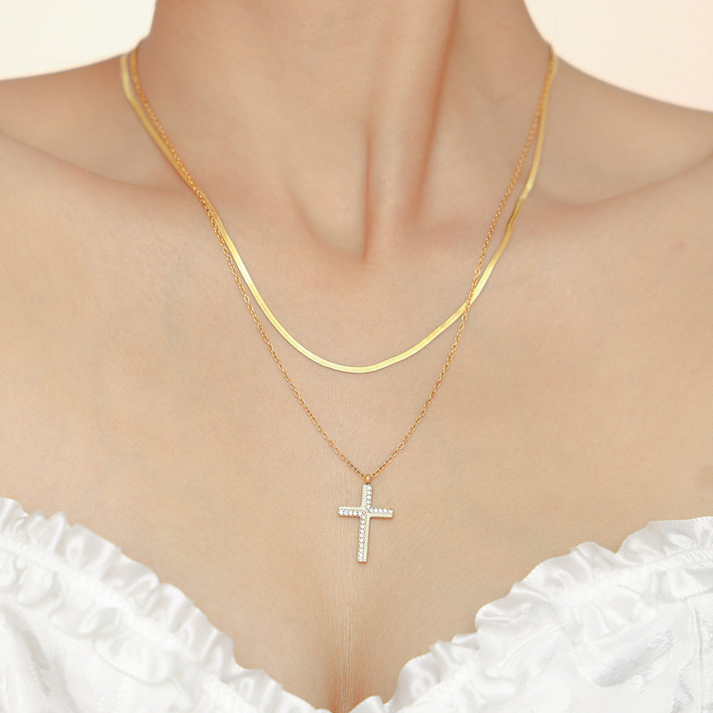 【045】Creative Twill Cross Zircon Pendant Necklace Female Ins Niche Light Luxury Titanium Steel Collarbone Chain