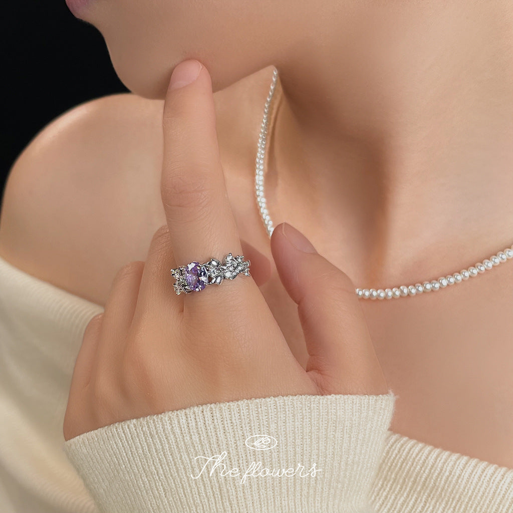 【015】High End Purple Zircon Ring Thick Plated Real White Gold Opening Adjustable Wreath Ring Strong Color Retention Micro Inlaid