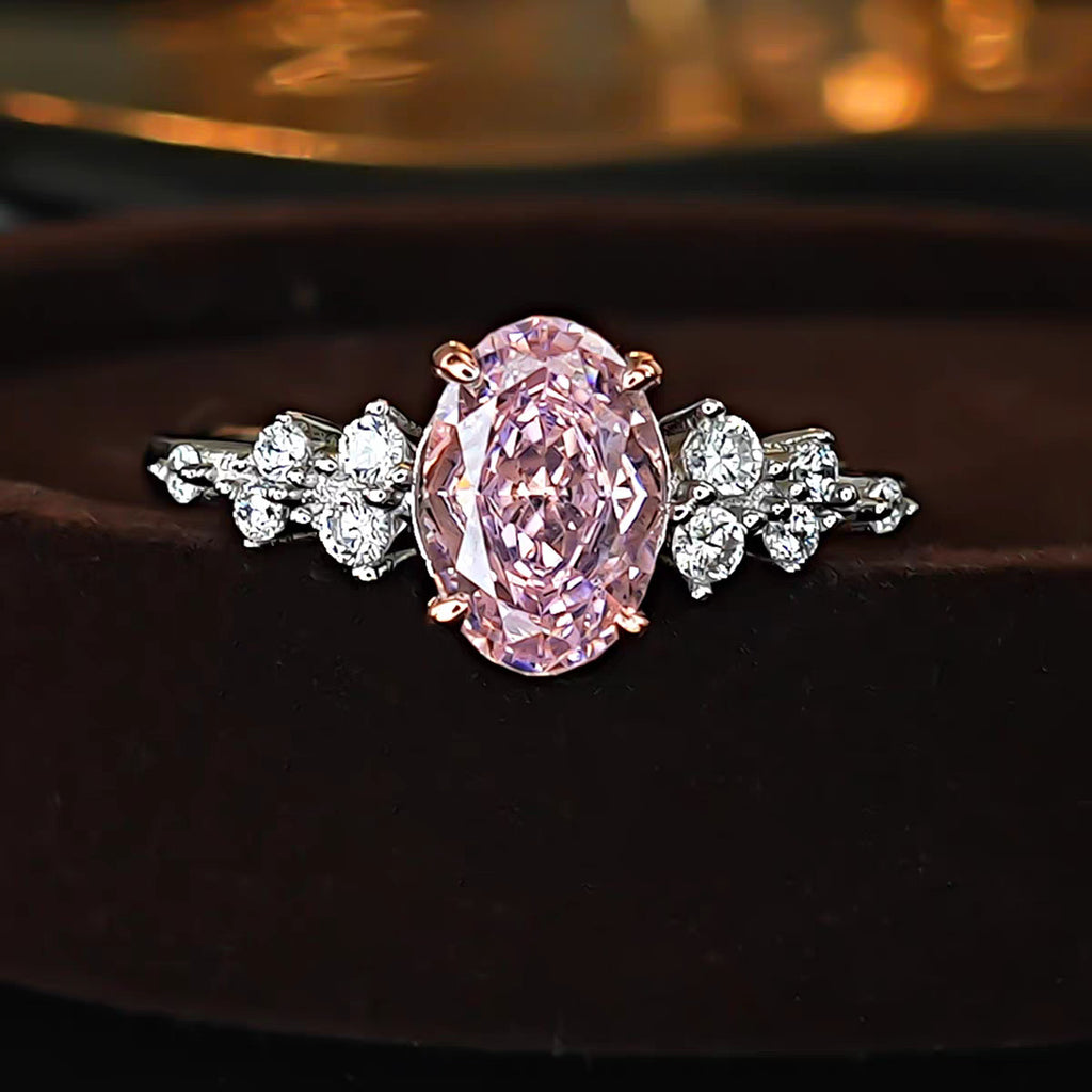 【008】Fashionable Pink Oval Open Ring Pigeon Egg Flash Comparable to Ice Flower Cut Cherry Blossom Zircon Marriage Proposal Ring for Women Wedding
