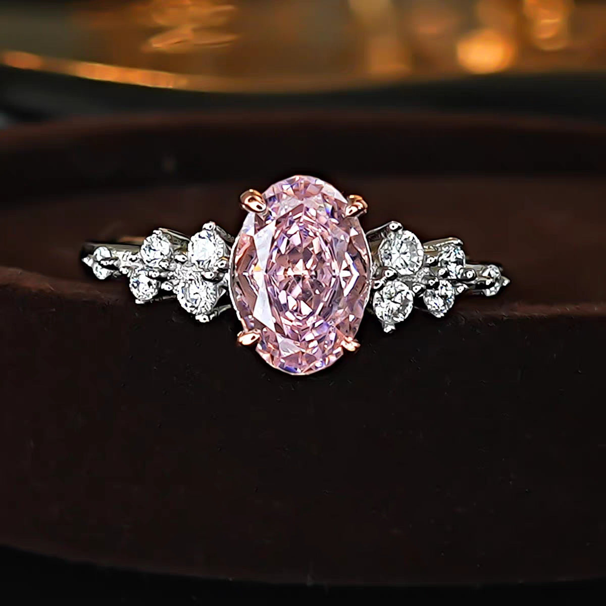 【008】Fashionable Pink Oval Open Ring Pigeon Egg Flash Comparable to Ice Flower Cut Cherry Blossom Zircon Marriage Proposal Ring for Women Wedding