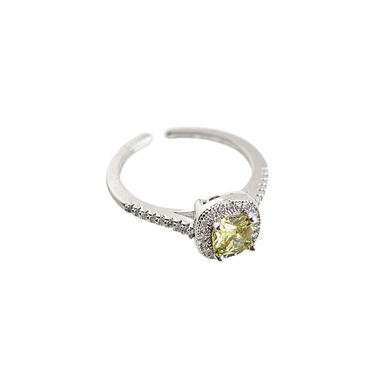 【020】Green Ring Olive Green Fat Square Zircon Ring Real White Gold Plated Geometric Adjustable Opening Premium Jewelry