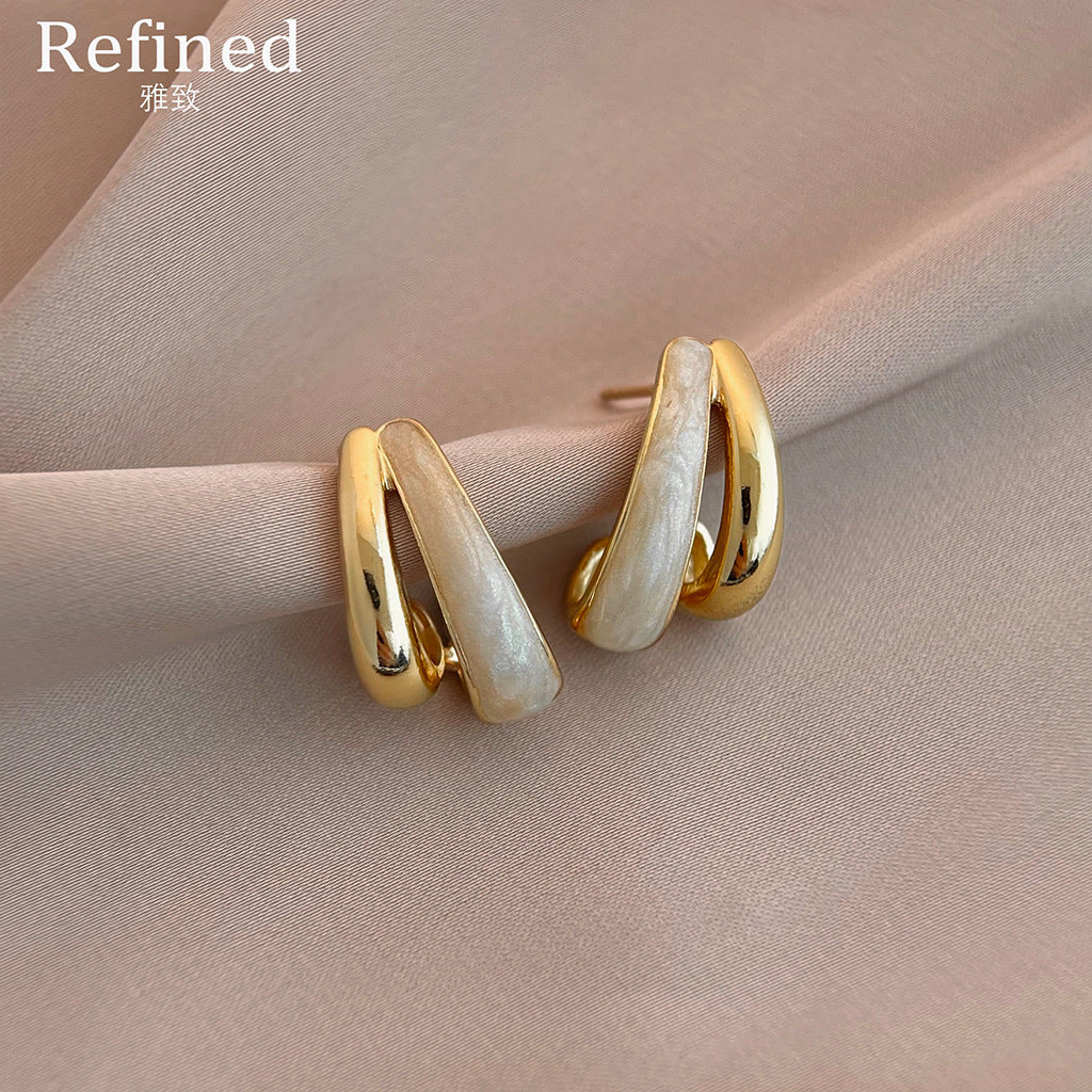 【025】Fashion Simple Personality Earrings Double Layer Geometric Ear Buckle Oil Drip Metal Texture Trendy Three Dimensional Jewelry