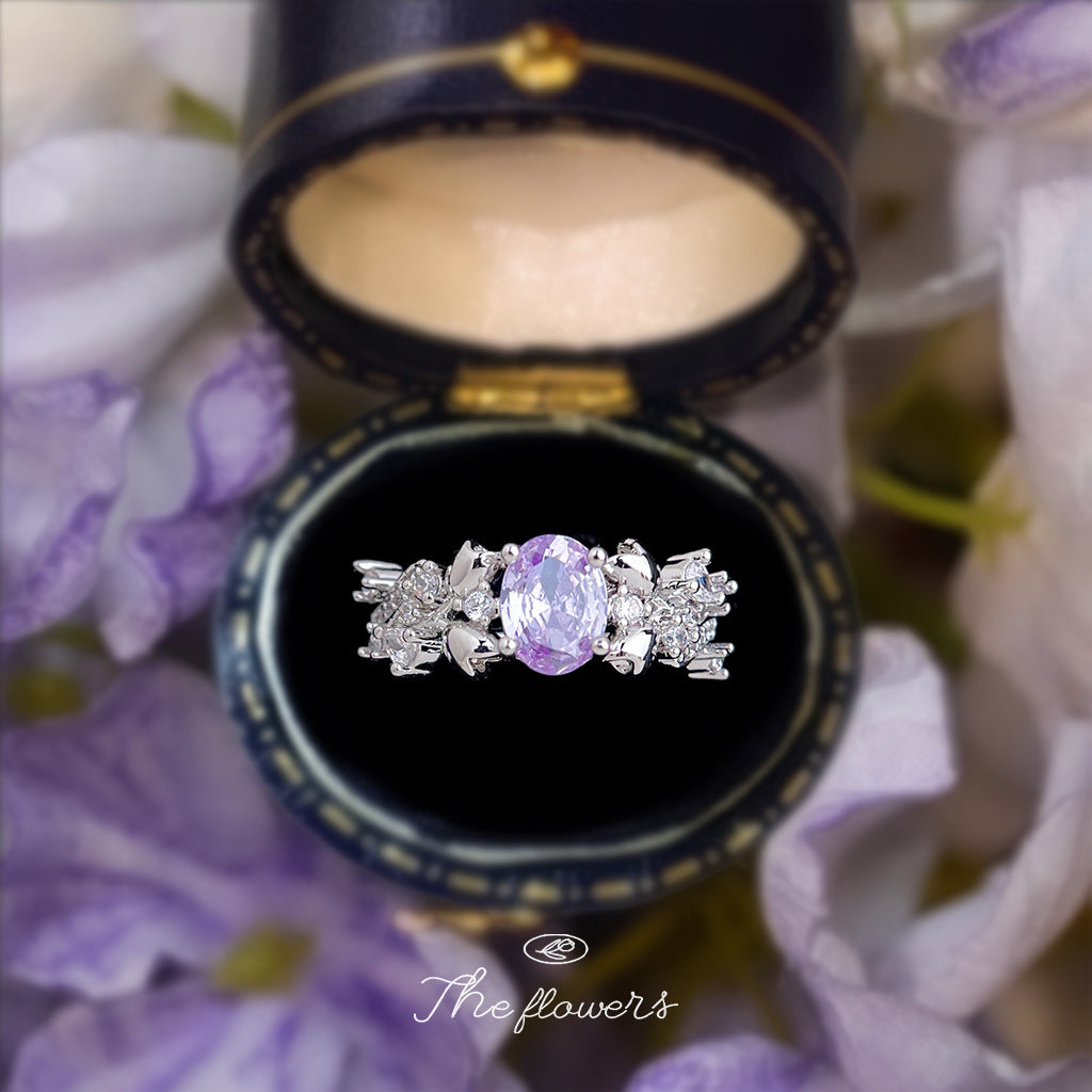 【015】High End Purple Zircon Ring Thick Plated Real White Gold Opening Adjustable Wreath Ring Strong Color Retention Micro Inlaid
