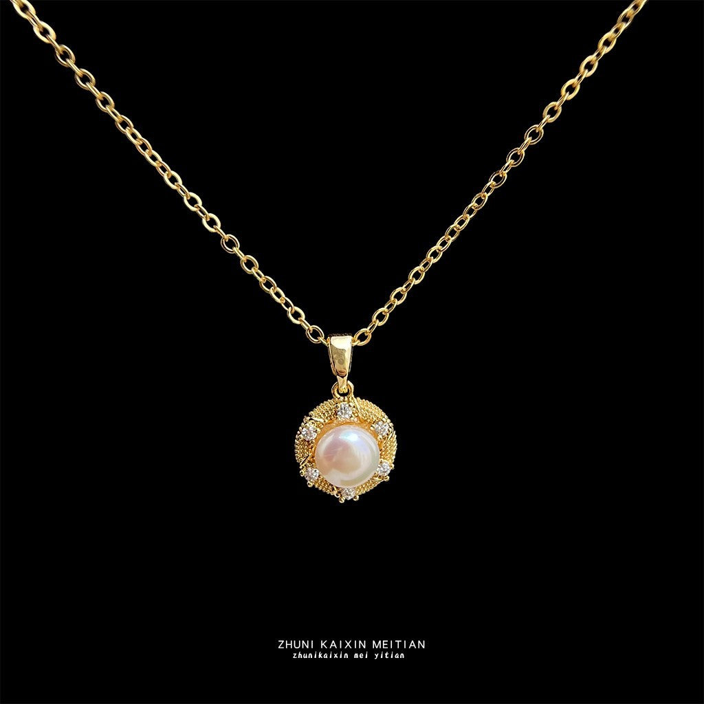 【014】18K Real Gold Plated Freshwater Pearl Necklace for Women Strong Color Retention Slightly Inlaid Zircon Fresh Sweet Small Fragrance Collarbone Chain