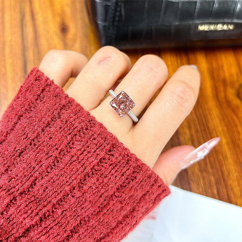 【010】Explosive Flash 4 Carat Ice Flower Cut Princess Square Diamond Opening Ring Morgan Color Papalacha Niche High Sense
