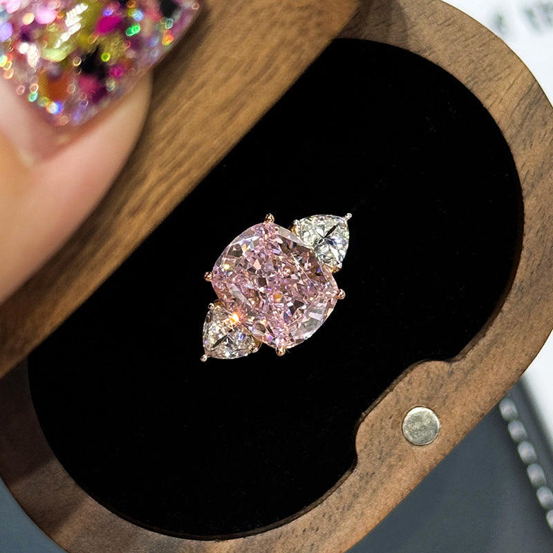【040】Starry Sky Cut Pink Zircon Open Ring Bright Fire Color High End Simple Temperament Women Banquet Birthday Gift