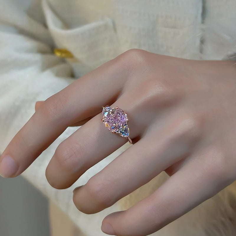 【040】Starry Sky Cut Pink Zircon Open Ring Bright Fire Color High End Simple Temperament Women Banquet Birthday Gift