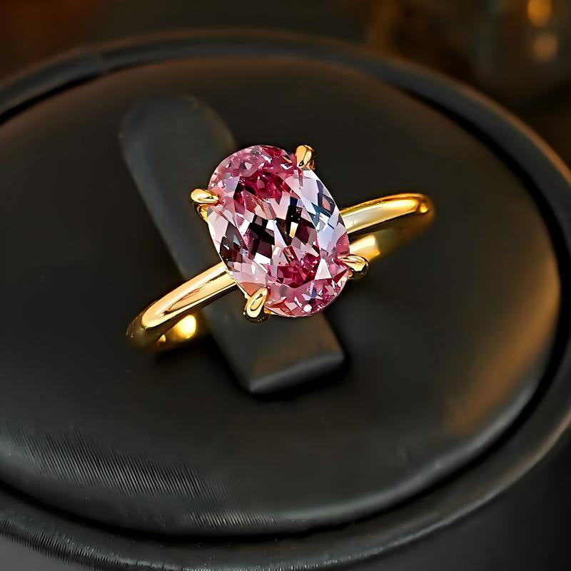 【009】Single Diamond Pigeon Egg Ring Pink Oval Ice Flower Cutting High End Simple Niche White Temperament Yellow Gold Opening Ring