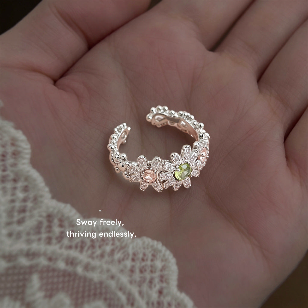 【026】Fashion high-end thick-plated real gold color-retaining micro-inlaid zircon daisy flower opening adjustable ring index finger ring