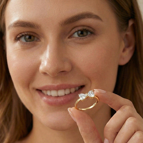 【034】Love Bow Ring Pair Ring Copper Gold Plated Zircon Fashion Exquisite Flash High Craftsmanship Crossborder Explosion