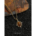 【013】Thick Plated 18K Real Gold Tiger Eye Stone Necklace French Clavicle Chain Literary Retro Temperament Strong Color Retention Natural Stone Jewelry