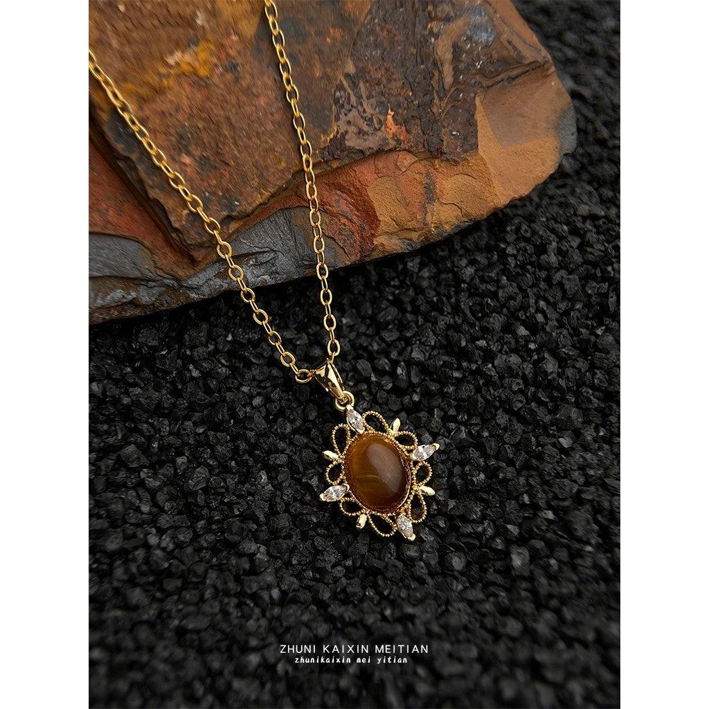 【013】Thick Plated 18K Real Gold Tiger Eye Stone Necklace French Clavicle Chain Literary Retro Temperament Strong Color Retention Natural Stone Jewelry