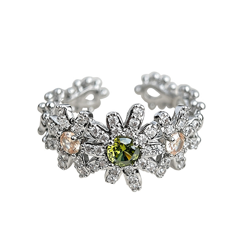 【026】Fashion high-end thick-plated real gold color-retaining micro-inlaid zircon daisy flower opening adjustable ring index finger ring