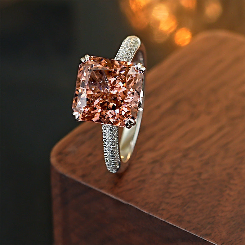 【010】Explosive Flash 4 Carat Ice Flower Cut Princess Square Diamond Opening Ring Morgan Color Papalacha Niche High Sense