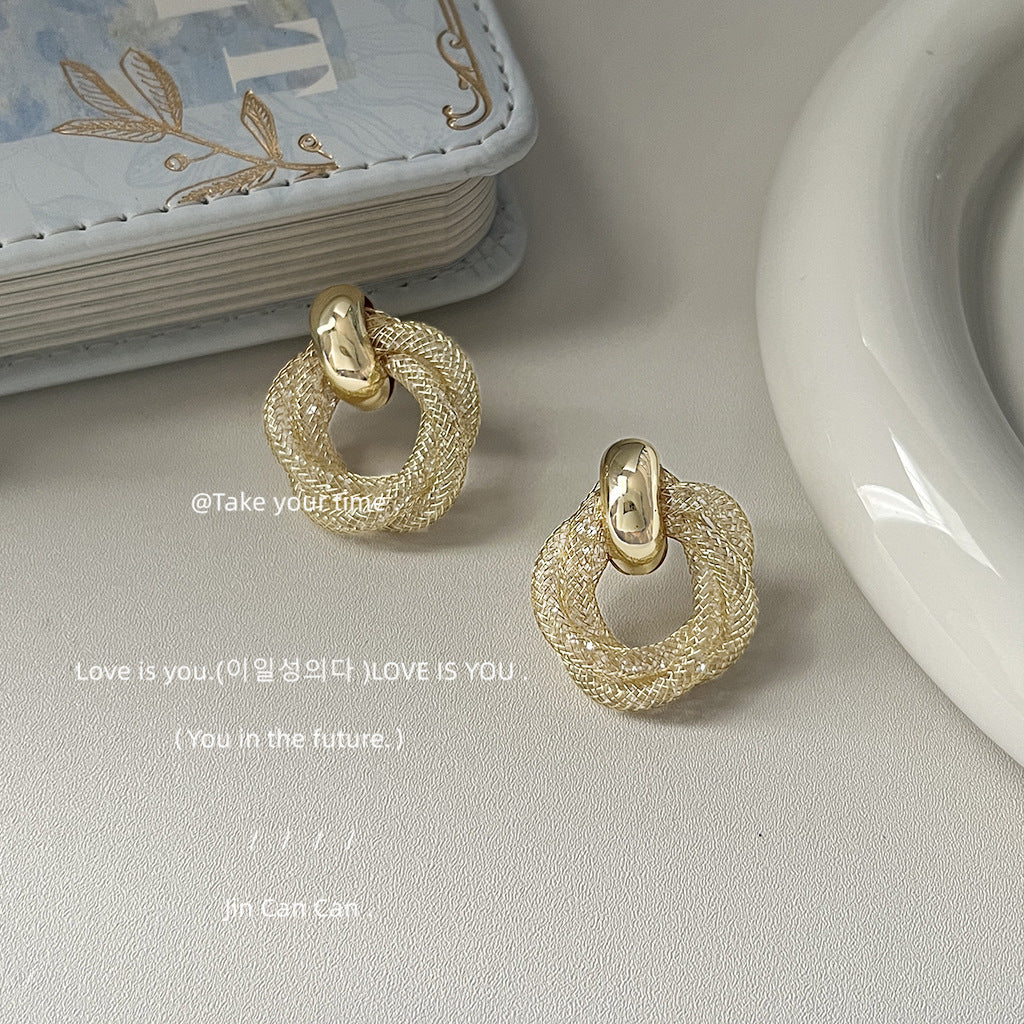 【021】French Premium Geometric Twist Silver Plated Needle Broken Diamond Zircon Stud Earrings Women 14K Plated Earrings