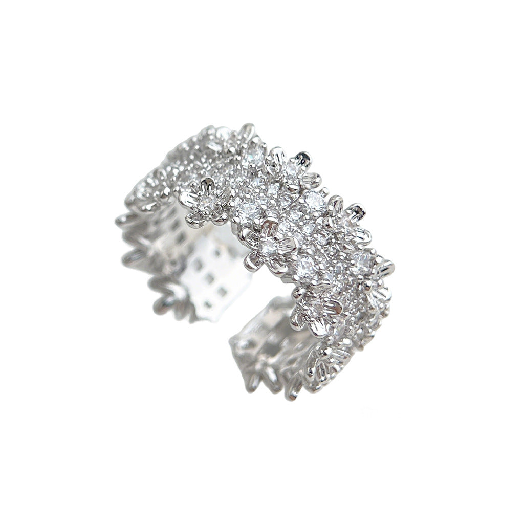 【023】Real White Gold Electroplated Zircon Flower Ring Adjustable Opening High End Fashion Index Finger Ring Color Retention