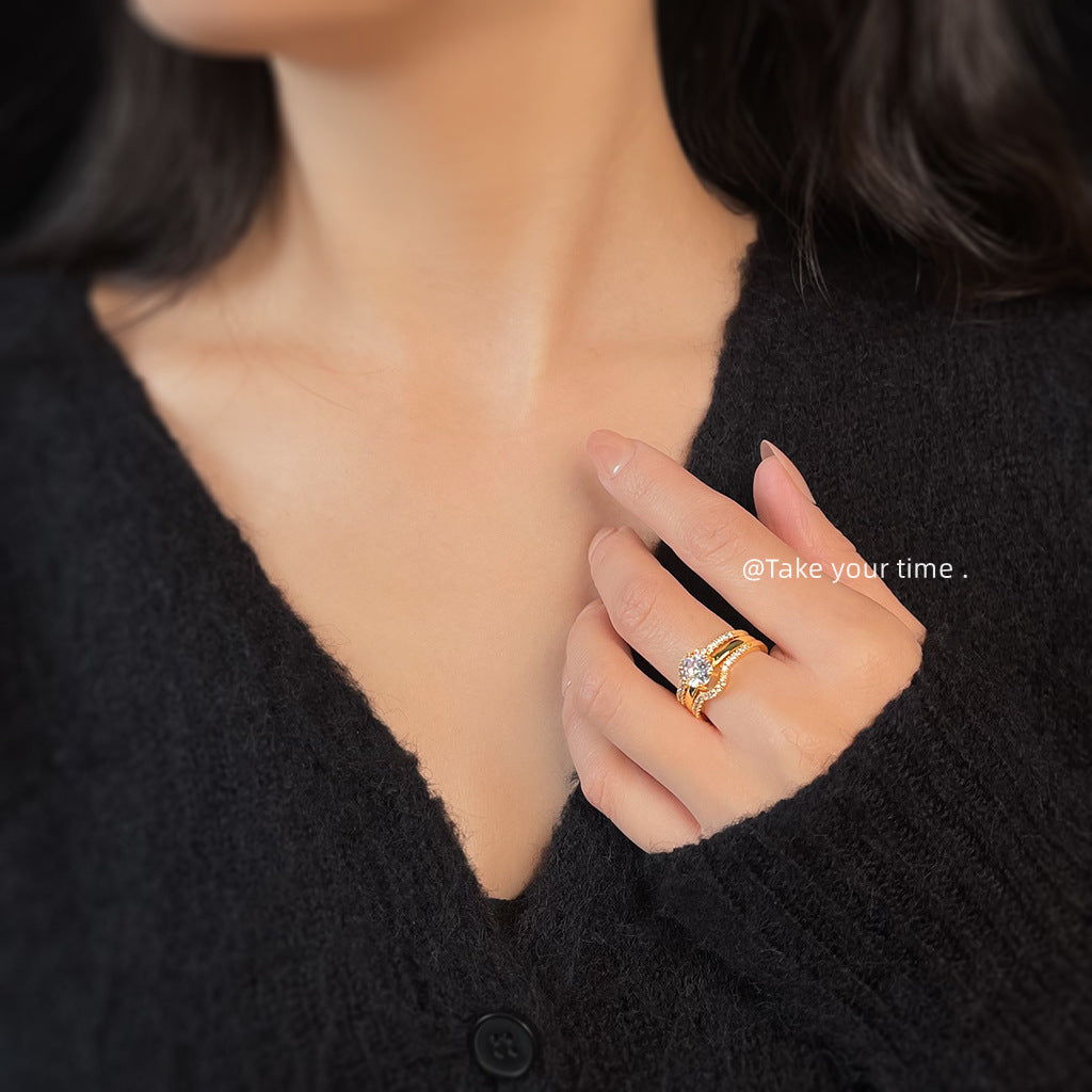 【011】Electroplated 14K Real Gold Thickened Color Retention Zircon Ring Two Wear Opening Adjustable Set Ring Index Finger Ring