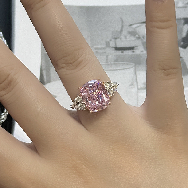 【040】Starry Sky Cut Pink Zircon Open Ring Bright Fire Color High End Simple Temperament Women Banquet Birthday Gift
