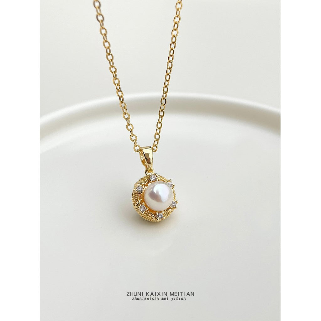 【014】18K Real Gold Plated Freshwater Pearl Necklace for Women Strong Color Retention Slightly Inlaid Zircon Fresh Sweet Small Fragrance Collarbone Chain