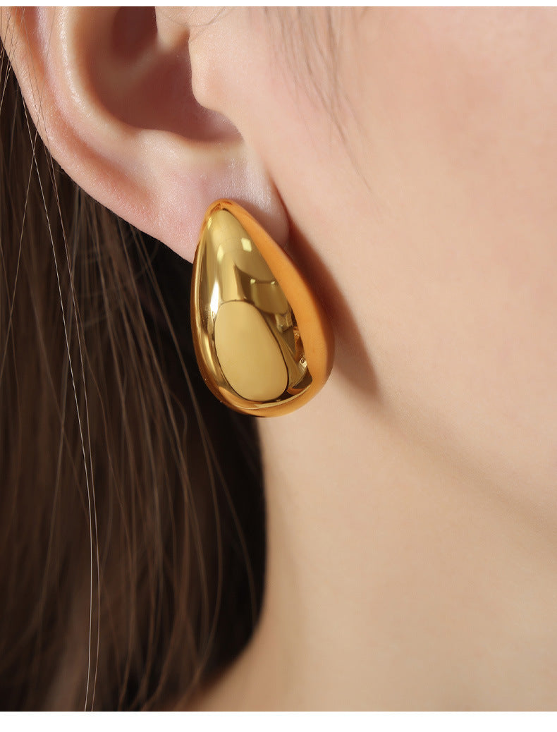 【049】Fashion high sense chubby water drop earrings personalized titanium steel plated 18K gold non-fading earrings stud earrings women