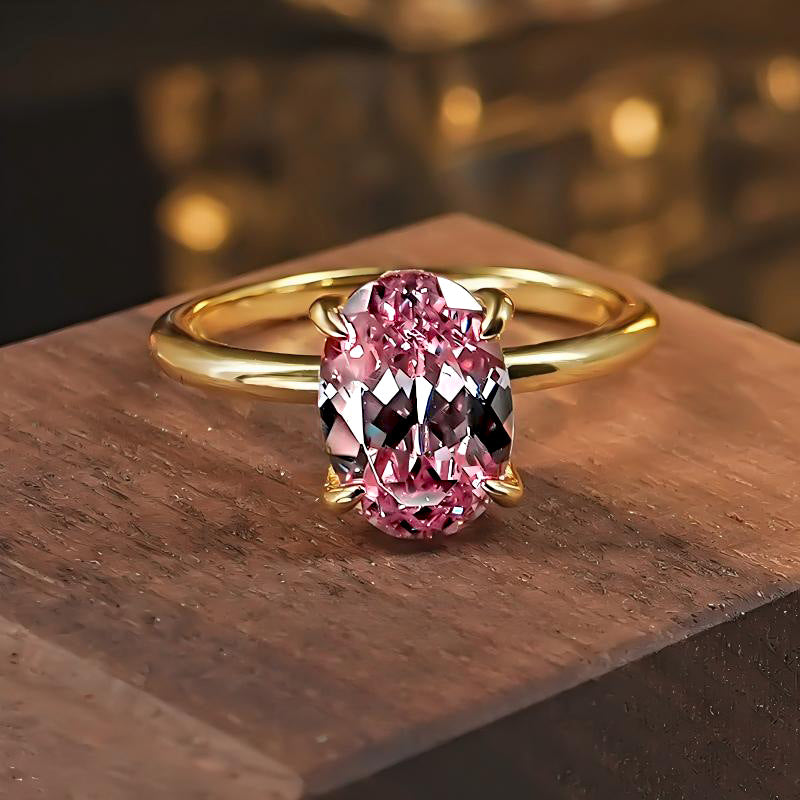 【009】Single Diamond Pigeon Egg Ring Pink Oval Ice Flower Cutting High End Simple Niche White Temperament Yellow Gold Opening Ring