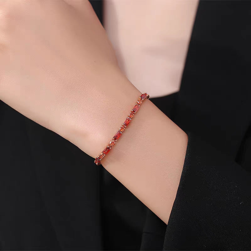 【041】Elegant Champagne Gold French Color Green Purple Pink Red Zircon Bracelet Light Luxury Niche Premium  Women Jewelry