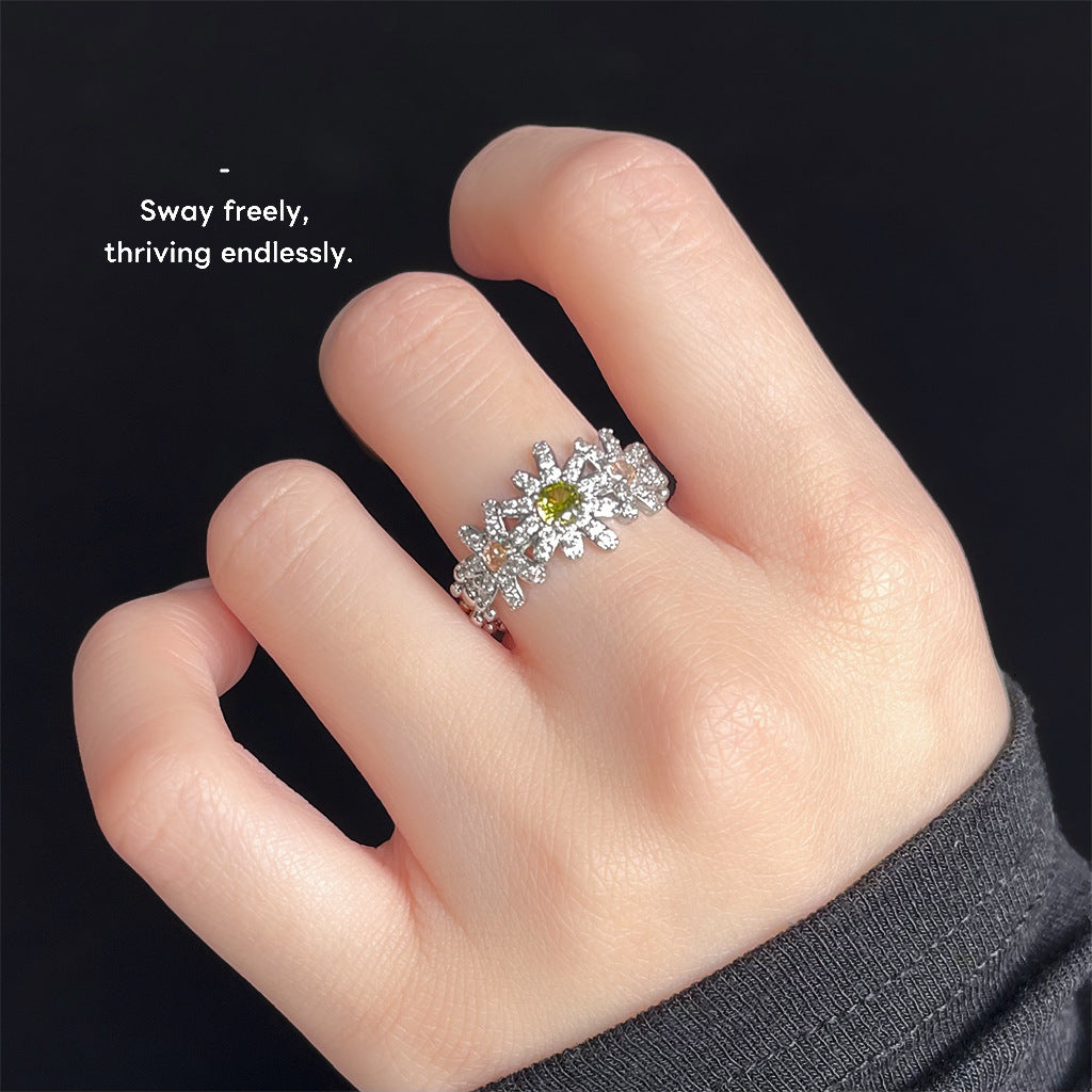 【026】Fashion high-end thick-plated real gold color-retaining micro-inlaid zircon daisy flower opening adjustable ring index finger ring