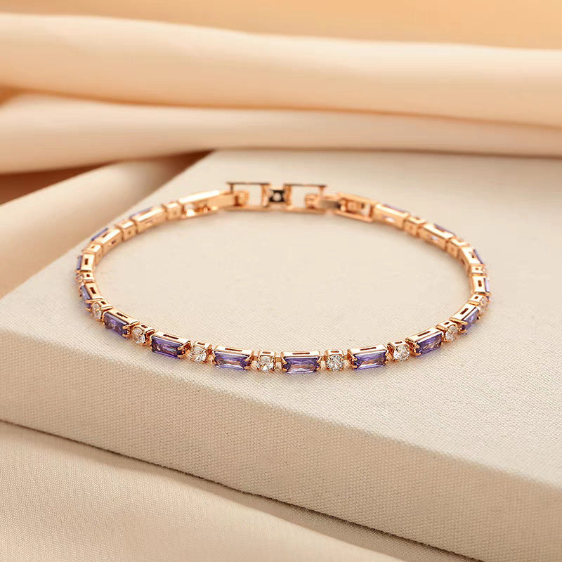 【041】Elegant Champagne Gold French Color Green Purple Pink Red Zircon Bracelet Light Luxury Niche Premium  Women Jewelry