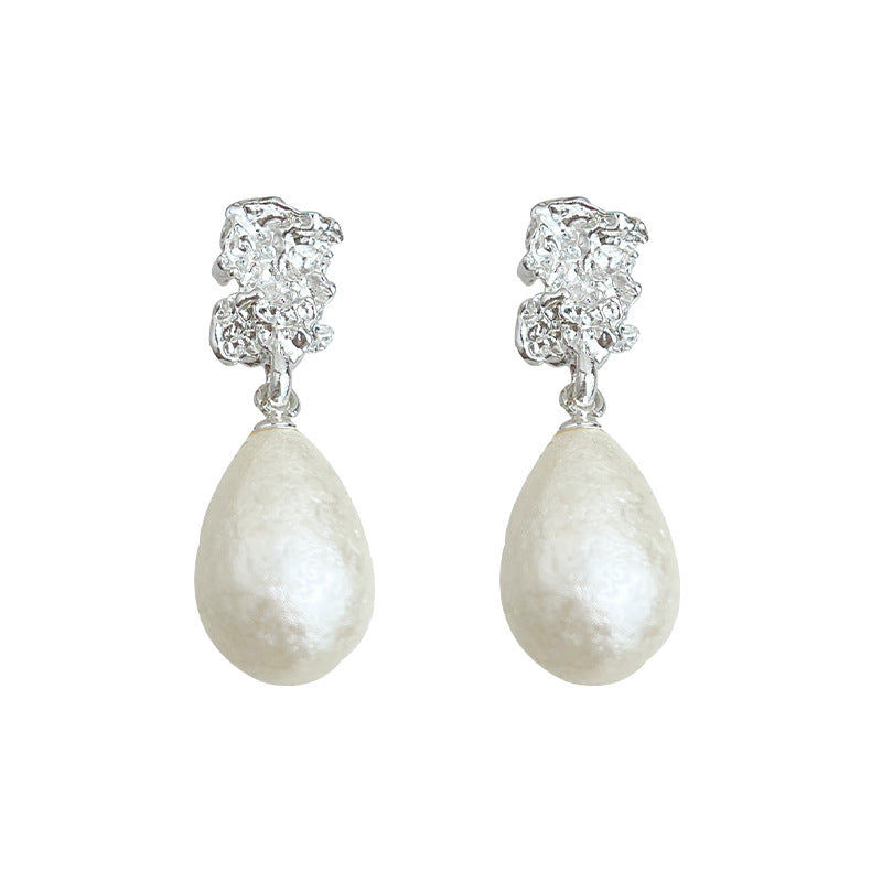 【012】Snowflake Pearl Water Drop Earrings French Pattern Silver Plated Needle Light Luxury Women Temperament High End Jewelry