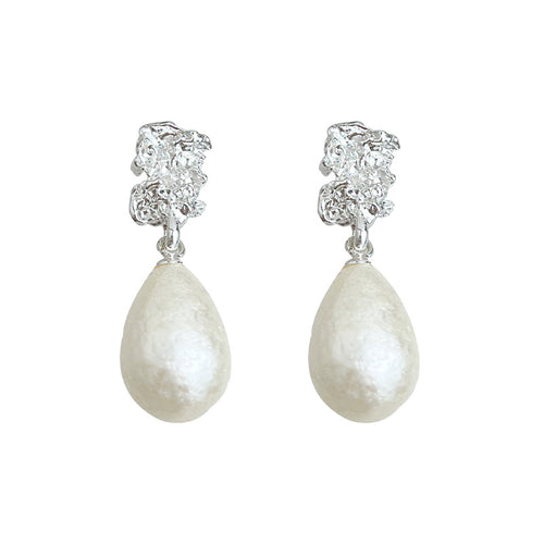 【012】Snowflake Pearl Water Drop Earrings French Pattern Silver Plated Needle Light Luxury Women Temperament High End Jewelry