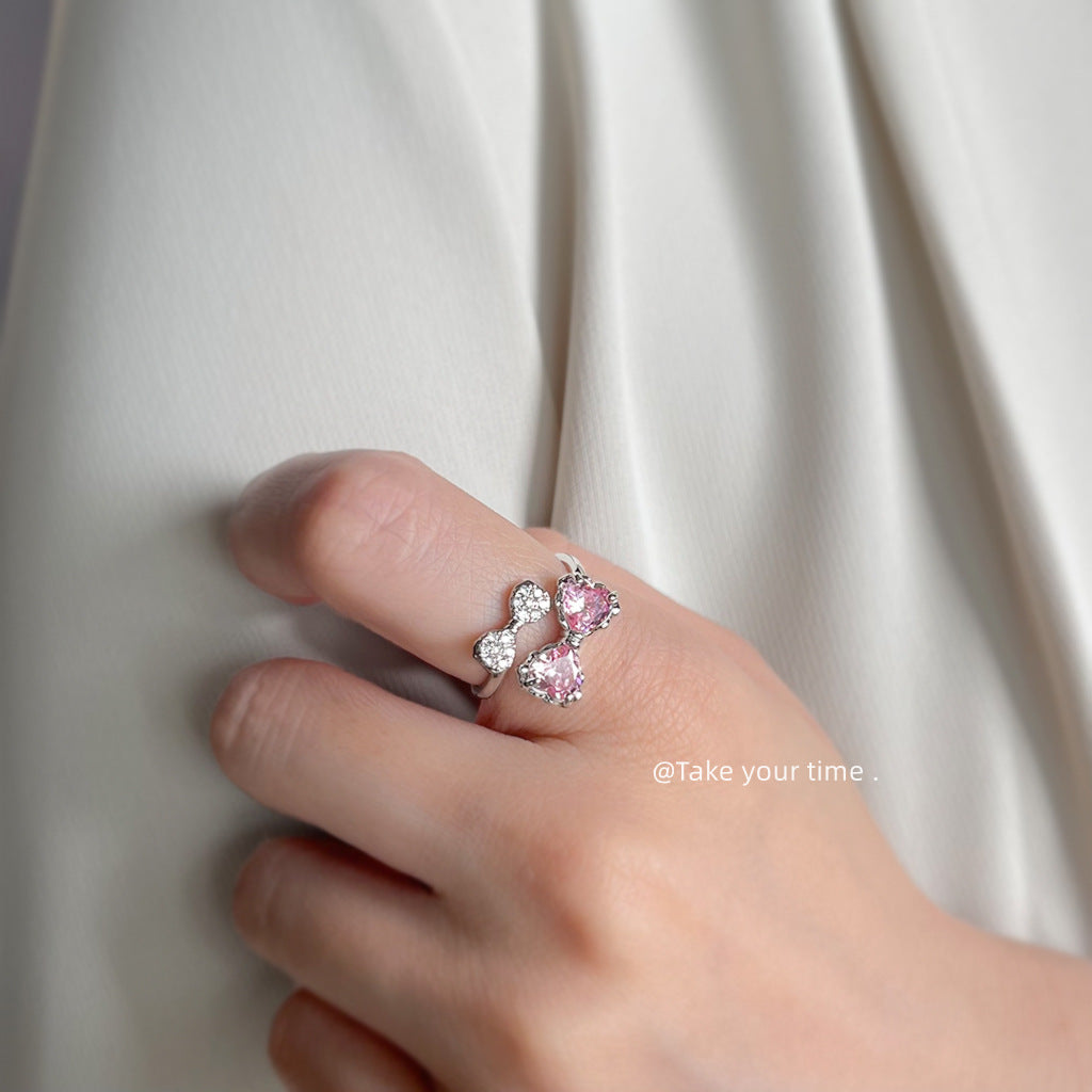 【016】Pink Bow Open Ring Real Gold Plated Micro Inlaid Zircon Niche Double Layer Cute Adjustable Ring for Women
