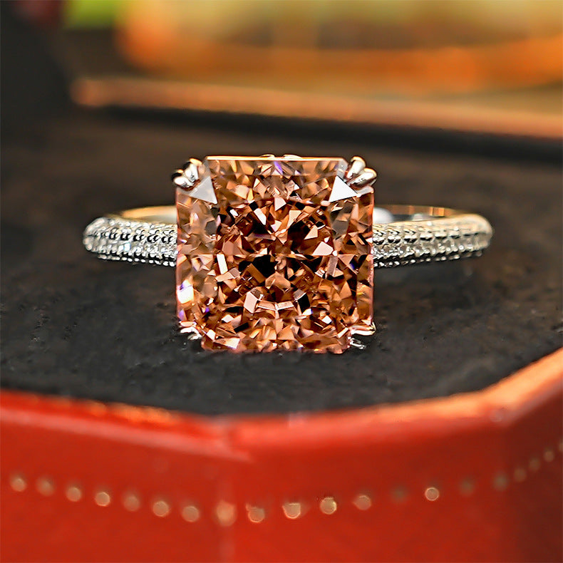 【010】Explosive Flash 4 Carat Ice Flower Cut Princess Square Diamond Opening Ring Morgan Color Papalacha Niche High Sense