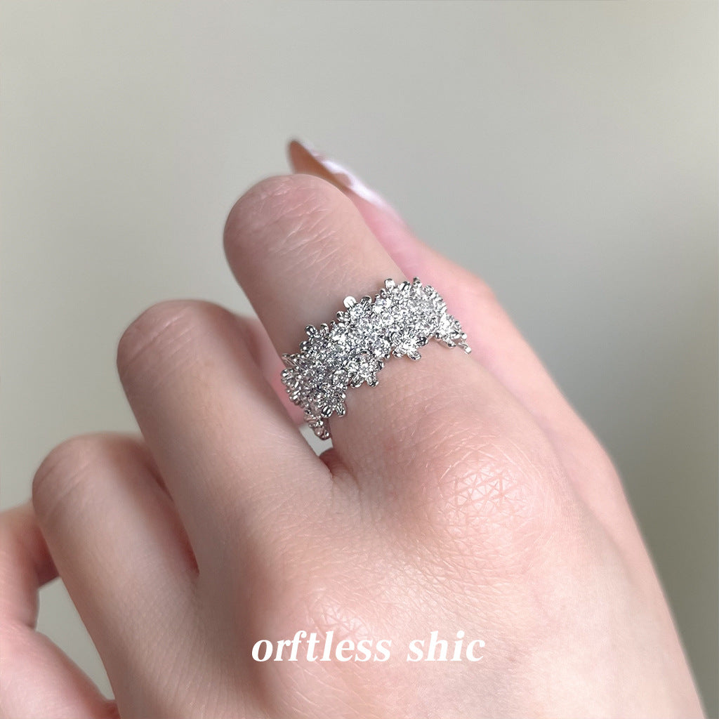 【023】Real White Gold Electroplated Zircon Flower Ring Adjustable Opening High End Fashion Index Finger Ring Color Retention