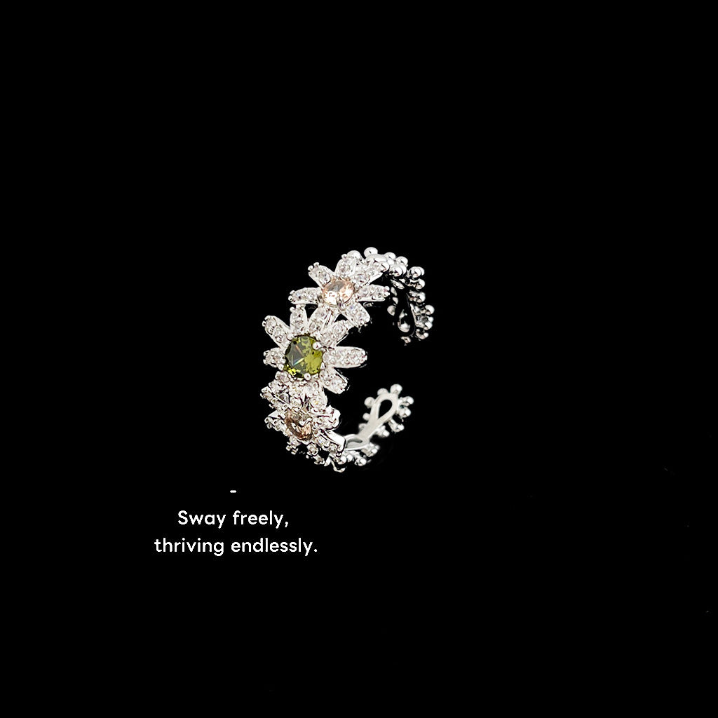 【026】Fashion high-end thick-plated real gold color-retaining micro-inlaid zircon daisy flower opening adjustable ring index finger ring