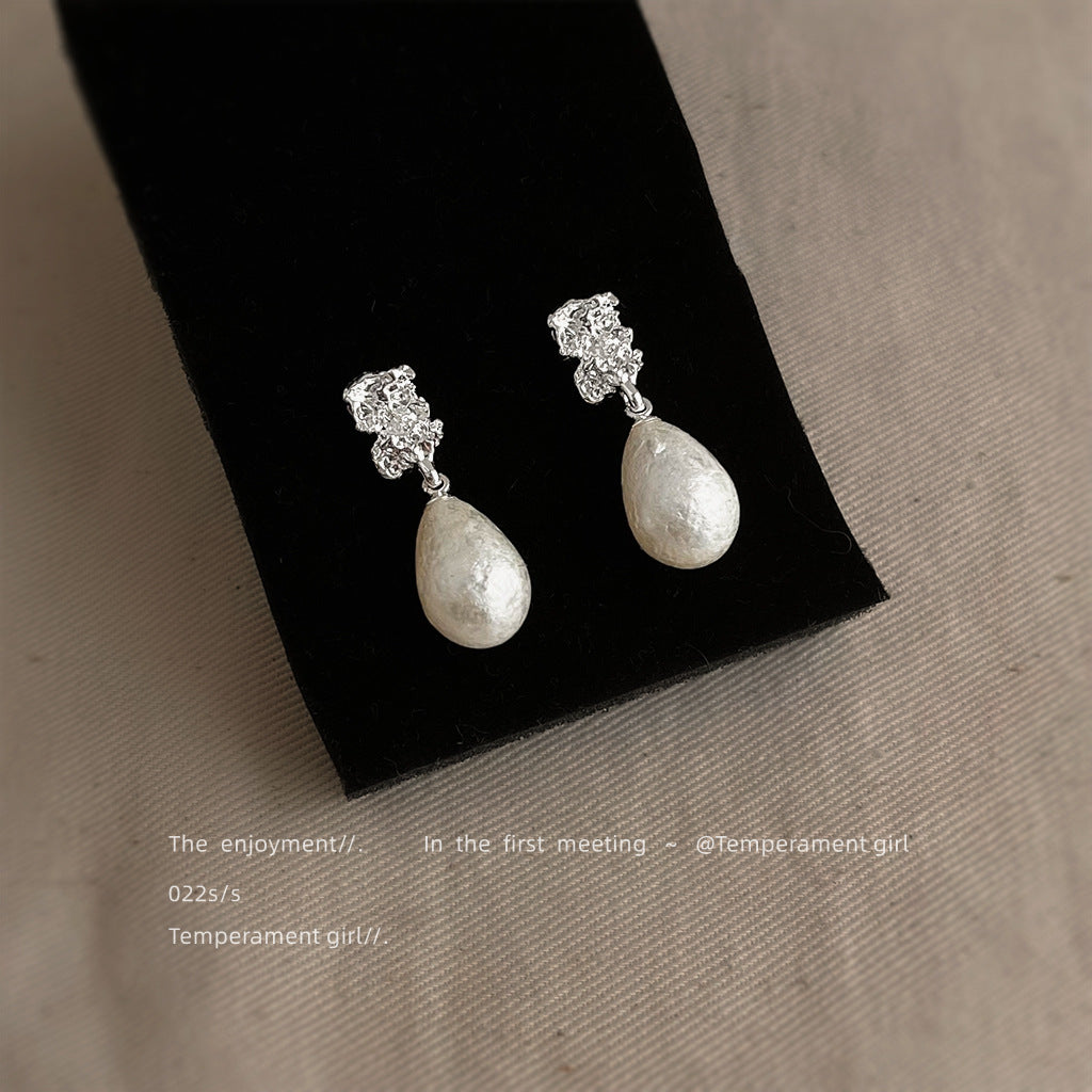 【012】Snowflake Pearl Water Drop Earrings French Pattern Silver Plated Needle Light Luxury Women Temperament High End Jewelry