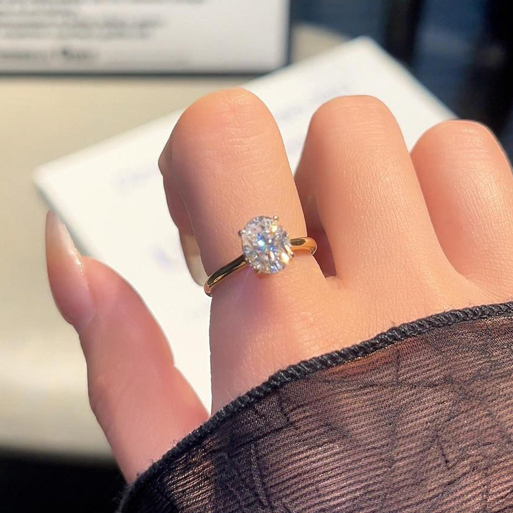 【036】5A Oval Zircon Ring Women Copper Plated 14K Gold Simulation High End Light Luxury Design Jewelry Super Flash