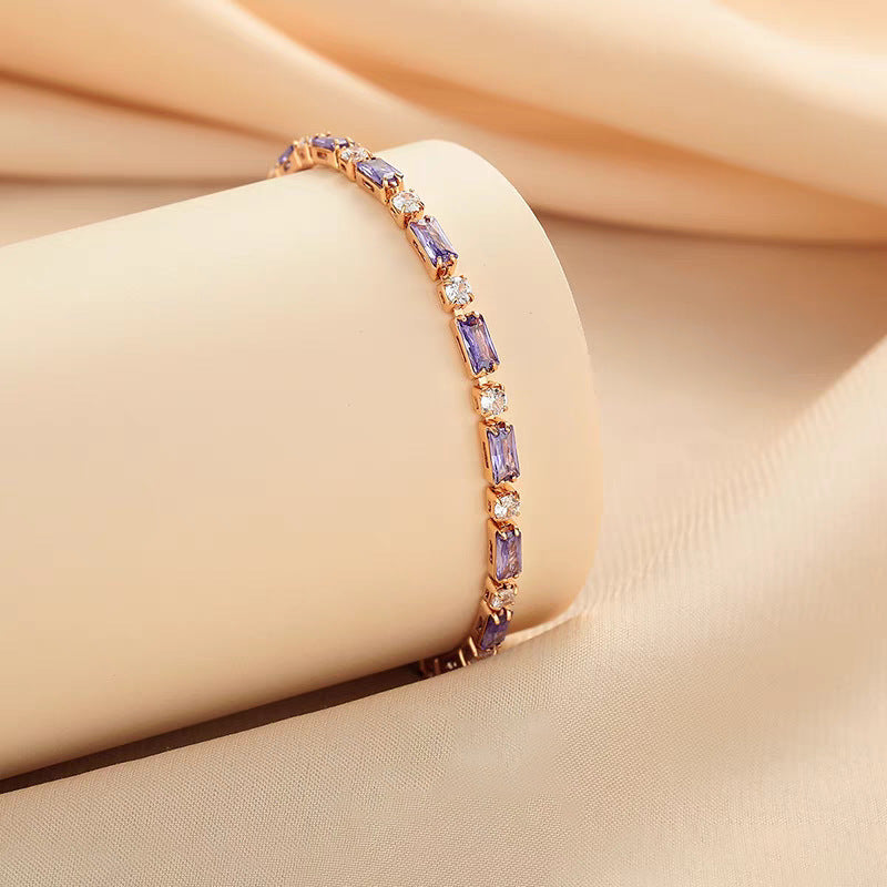 【041】Elegant Champagne Gold French Color Green Purple Pink Red Zircon Bracelet Light Luxury Niche Premium  Women Jewelry