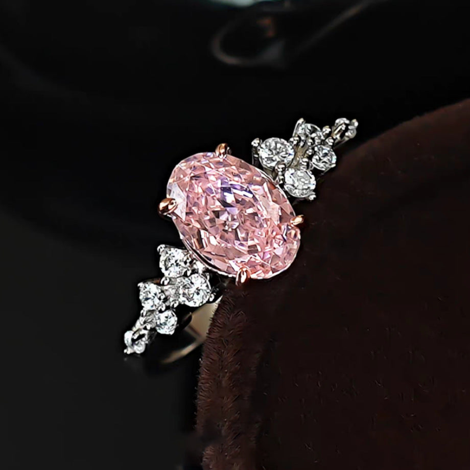 【008】Fashionable Pink Oval Open Ring Pigeon Egg Flash Comparable to Ice Flower Cut Cherry Blossom Zircon Marriage Proposal Ring for Women Wedding