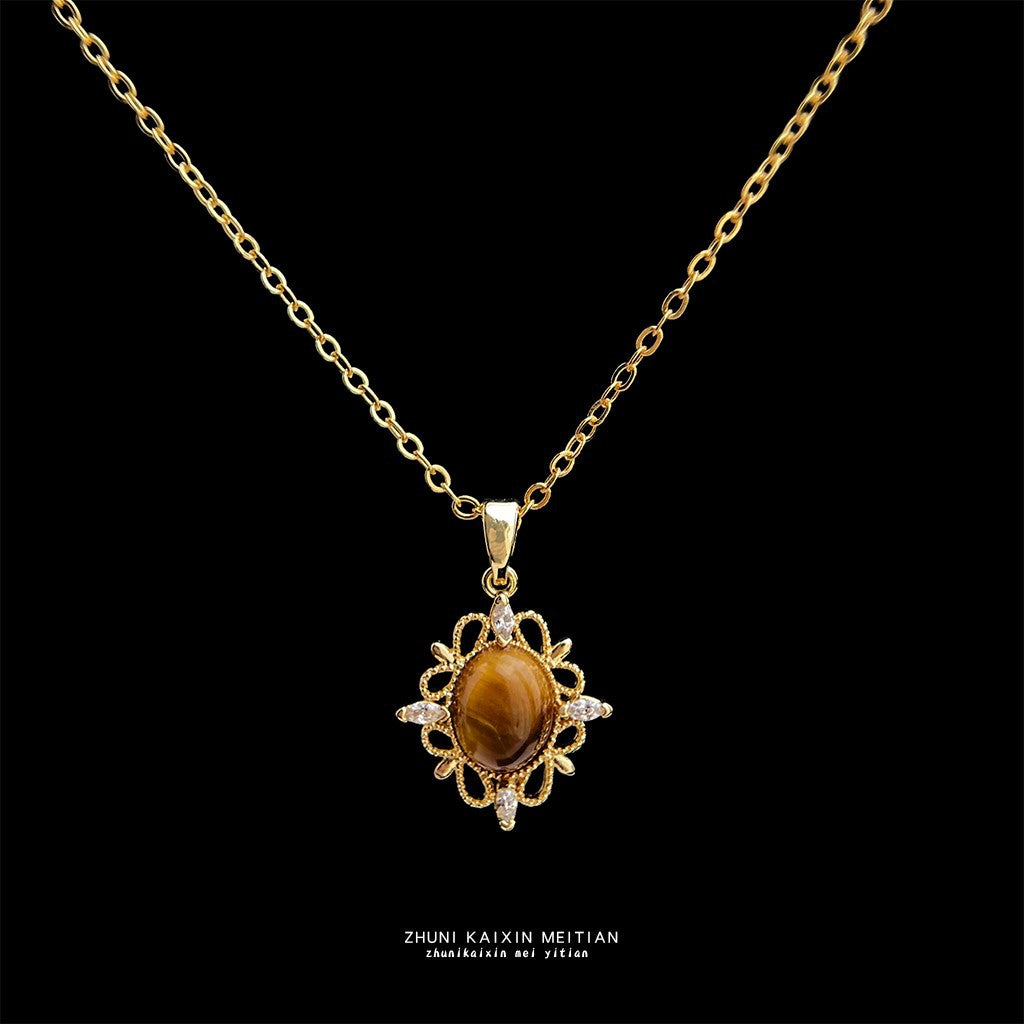 【013】Thick Plated 18K Real Gold Tiger Eye Stone Necklace French Clavicle Chain Literary Retro Temperament Strong Color Retention Natural Stone Jewelry