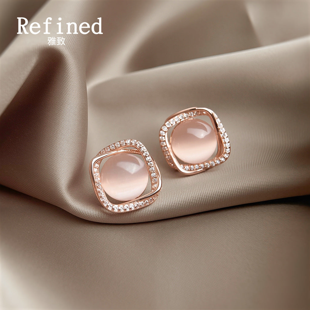 【018】Square geometric 3D high-end gentle stud earrings micro-inlaid zircon glass opal silver-plated rose gold pink earrings for daily