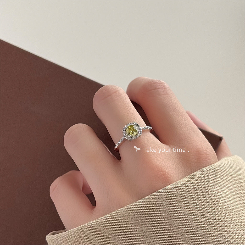 【020】Green Ring Olive Green Fat Square Zircon Ring Real White Gold Plated Geometric Adjustable Opening Premium Jewelry