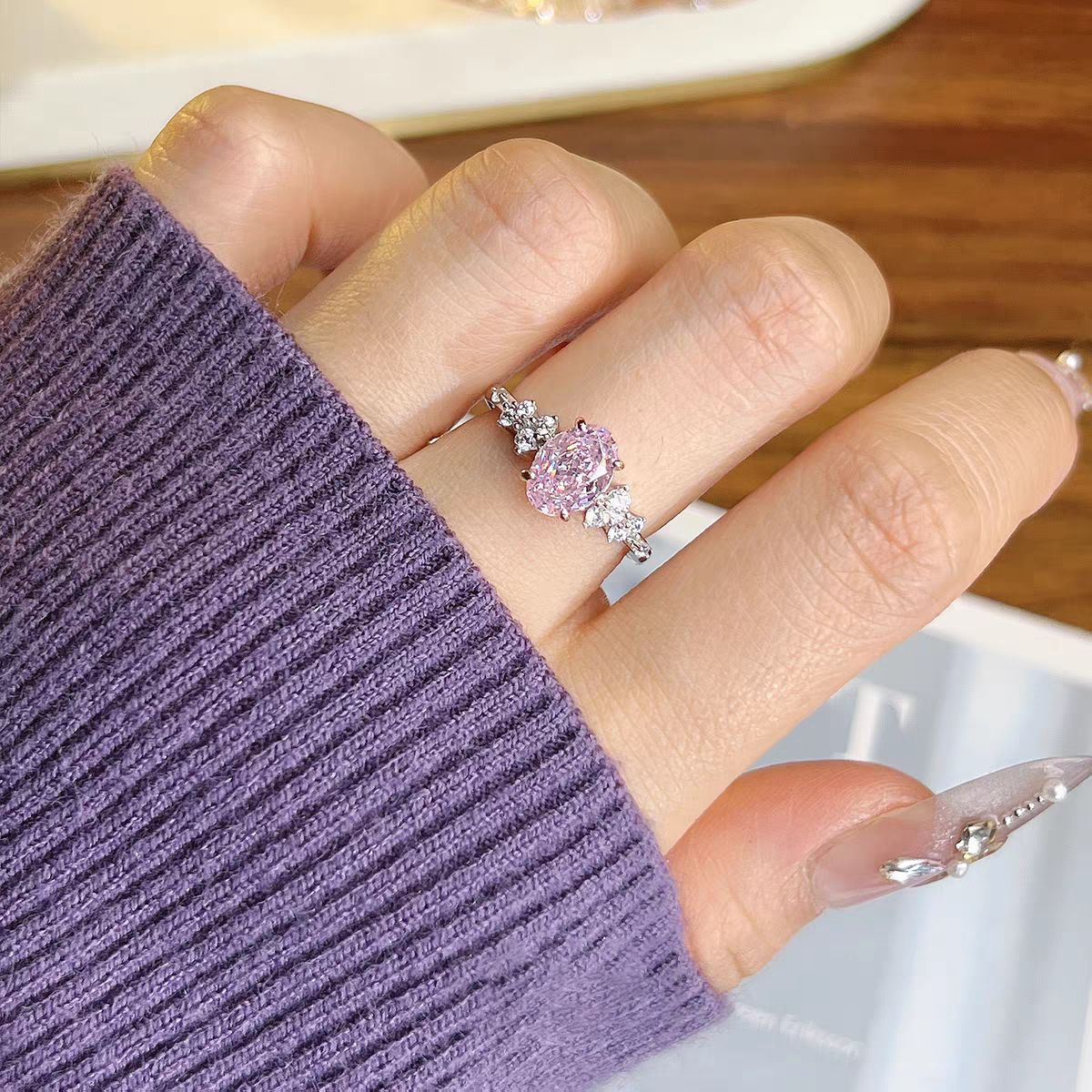【008】Fashionable Pink Oval Open Ring Pigeon Egg Flash Comparable to Ice Flower Cut Cherry Blossom Zircon Marriage Proposal Ring for Women Wedding